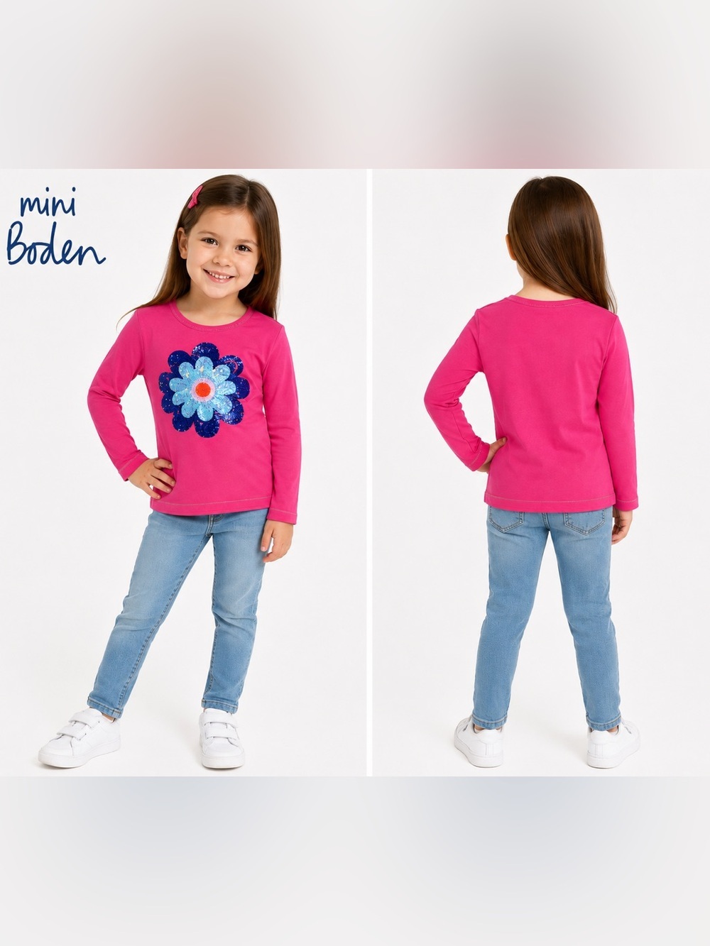 Mini Boden Girls Pink Sequin Flower Long Sleeve Tee Shirt Size 5-6 Years